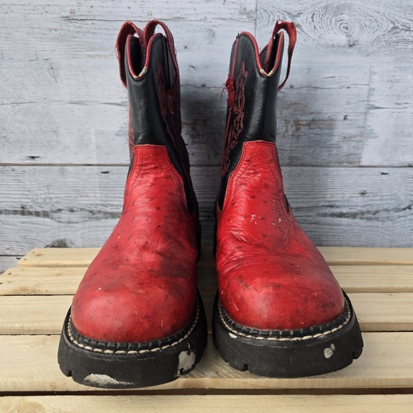 Roper Leather Ostrich Print Floral Red Black Western Boots Womens Size 7 - Picture 2 of 16